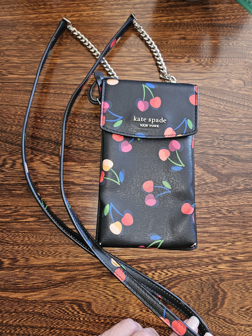 kate spade Cherry Print Crossbody Phone Bag - Black with Pink & Red Cherries - Picture 3 of 6